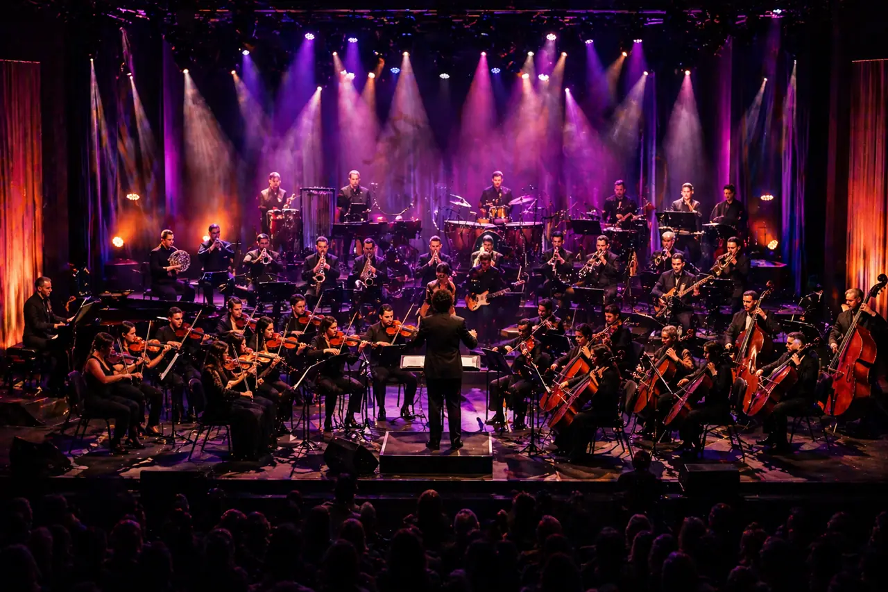 Orquestra se apresentando sob luzes roxas