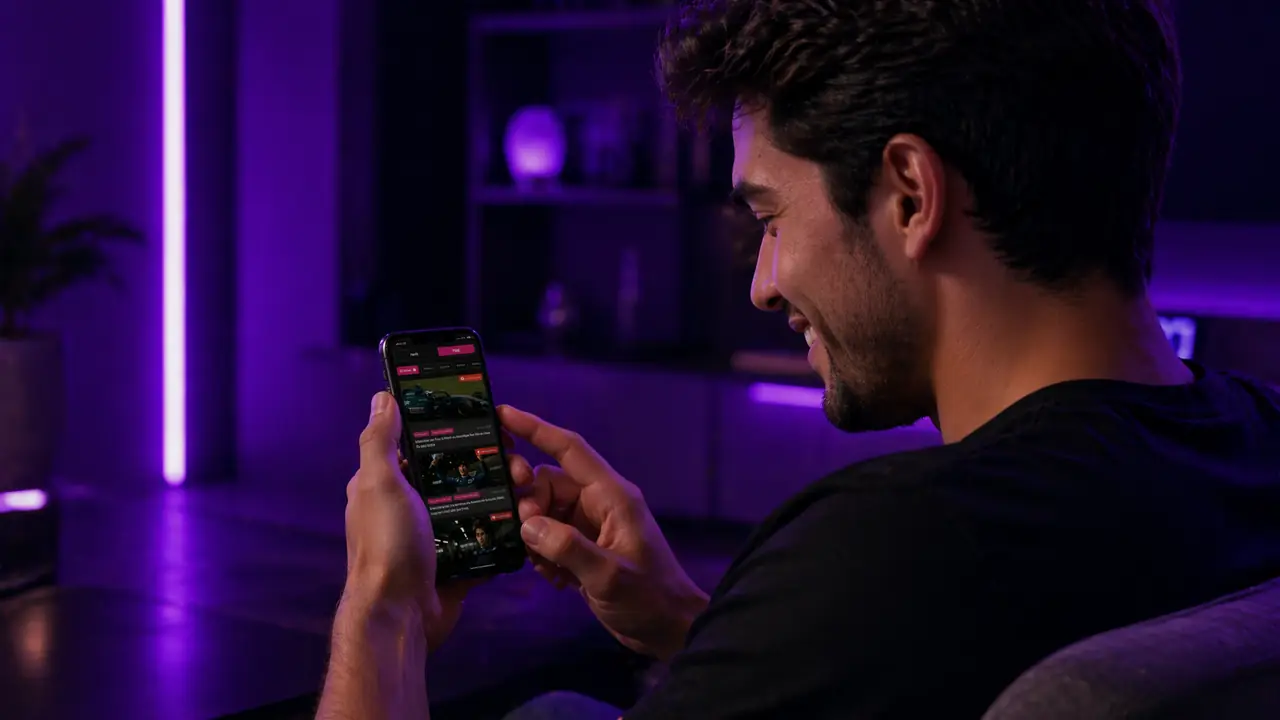 Torcedor vibrando ao abrir o app VIB3 sob luz roxa